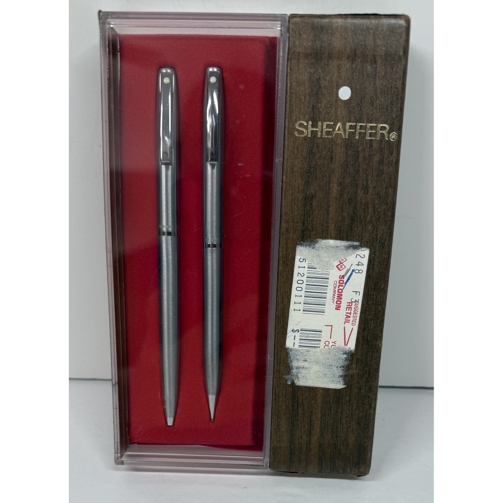 Vintage 1970's Sheaffer Pen & Pencil Set White Dot Blue Ink Silver Chrome